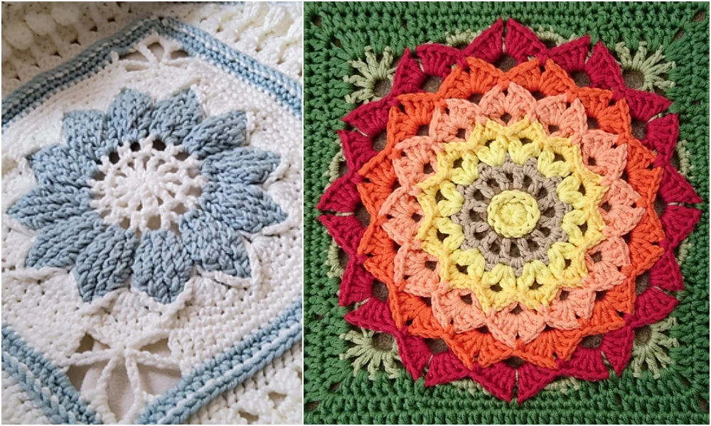 Close-up of two crochet patterns: on the left, a blue and white flower motif forms a delicate crochet square, while on the right, a vibrant mandala design bursts with color, all set against a green background.