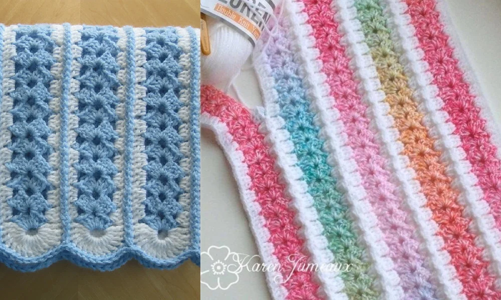 Two crocheted blankets side by side. The left is a mile a minute baby blanket in blue and white with a scalloped edge, while the right showcases a vibrant, multicolored striped pattern.