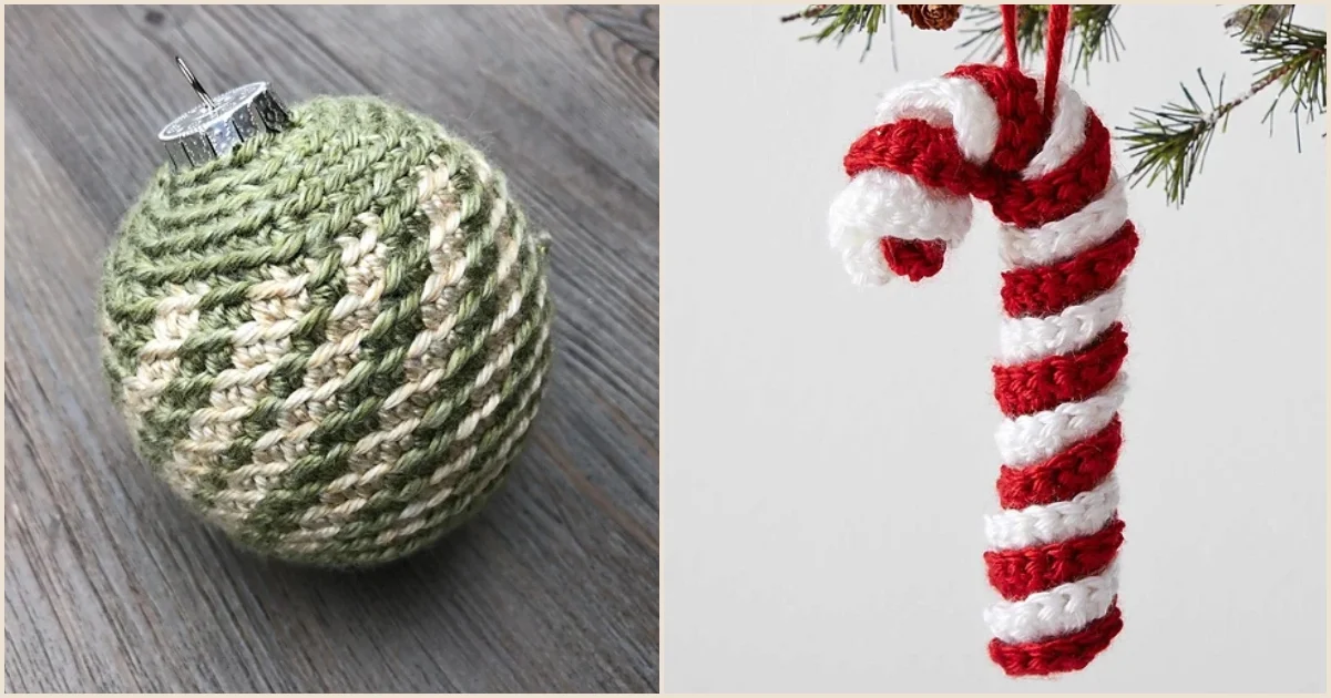 A knitted green and white swirl ornament ball and a crocheted red and white candy cane hanging from a branch, perfect for adding festive charm to your Christmas decor.