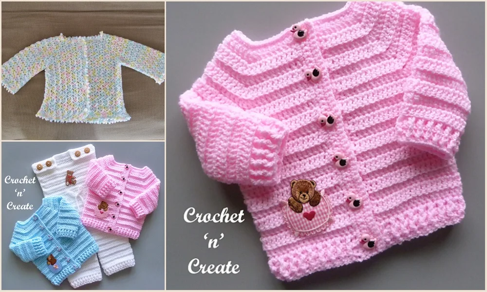 A collage of adorable baby sets featuring crocheted cardigans in pink, multicolored, blue, and white. Each piece is crafted with a textured stitch pattern and adorned with small decorative buttons.