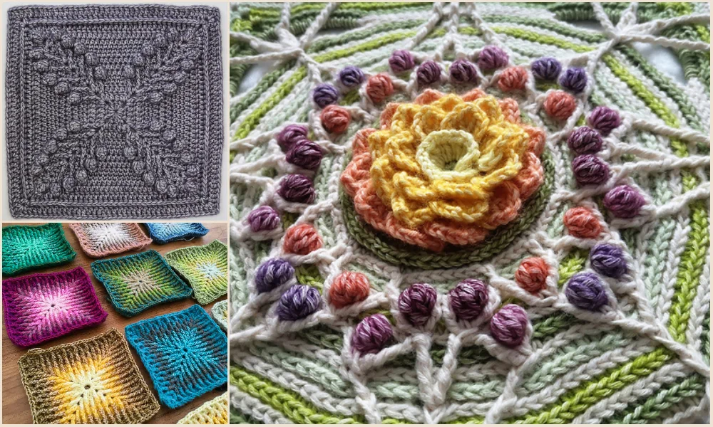 Three images of crochet art reveal intricate designs. One showcases a detailed square pattern, another features multiple colorful squares, and the third displays a vibrant mandala with a floral center.