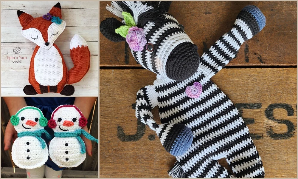 Crocheted ragdoll toys featuring a charming fox, an adorable zebra with flower embellishments, and two delightful snowmen on a wooden background.