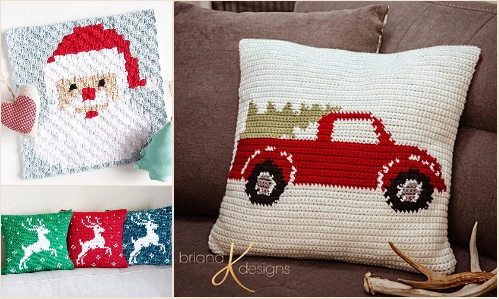 Crochet Christmas crafts: Create a Santa square and a festive Christmas pillow featuring a red truck carrying a tree, alongside cheerful pillows adorned with white reindeer on vibrant green, red, and blue backgrounds.