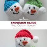 Six crocheted snowman heads with colorful hats in red, yellow, blue, and green, each with a carrot-shaped nose and smiling expression. These charming creations double as personalized baubles to add a unique touch to your holiday decor.