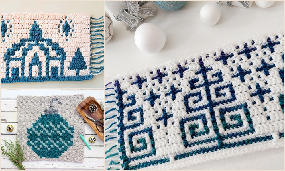 Three crochet patterns are displayed: a blue and white design featuring a Christmas tree, an ornament, and geometric shapes, all on white backgrounds with a festive mosaic twist.