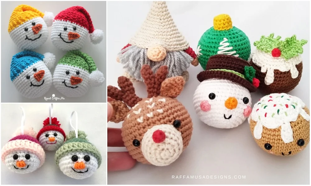 Crocheted holiday ornaments featuring snowmen, a gnome, reindeer, a pudding, and festive colors offer a charming touch to your decor. Add personalized baubles for extra special memories this season.