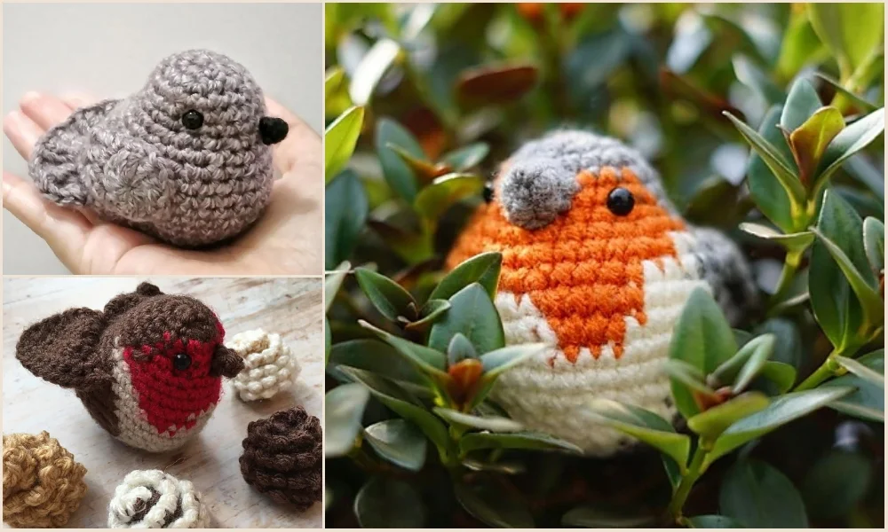 Crocheted birds, like little ornaments, are nestled among greenery and pinecones. A gray bird perches in a hand, an orange-breasted bird flutters amid the foliage, while a red-breasted companion sits charmingly beside the pinecones.