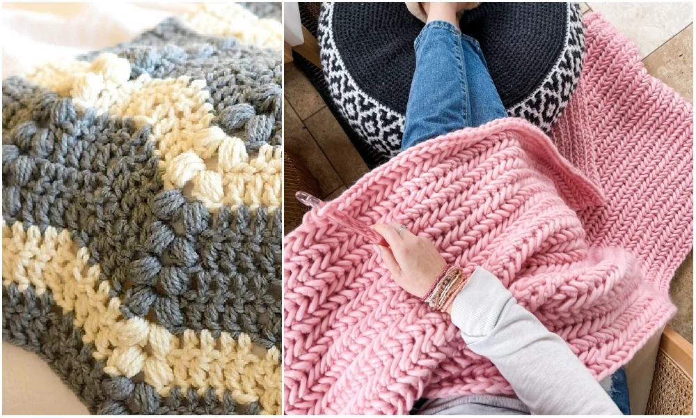 A person crocheting a pink blanket sits on a chair, with a blue and white crocheted blanket beside them, featuring a charming snowman in a hat.