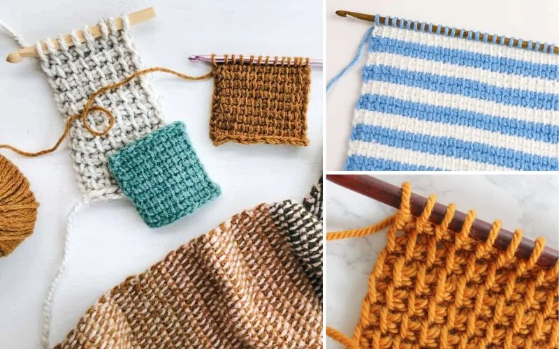 Various knitting swatches in different patterns and colors, including stripes and textured stitches, are displayed alongside Tunisian crochet samples with knitting needles and yarn.