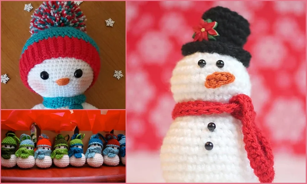 Crocheted snowman figures, each sporting a bright hat and scarf, are artfully arranged in a collage against a red backdrop adorned with tiny snowflakes. One dapper snowman in a black hat stands out with his vibrant red scarf.