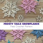 Colorful crocheted snowflakes and wooden snowflake cutouts adorn a table, with crochet hooks and yarn spools in the background. A cozy Christmas pillow complements the festive scene. Text reads 