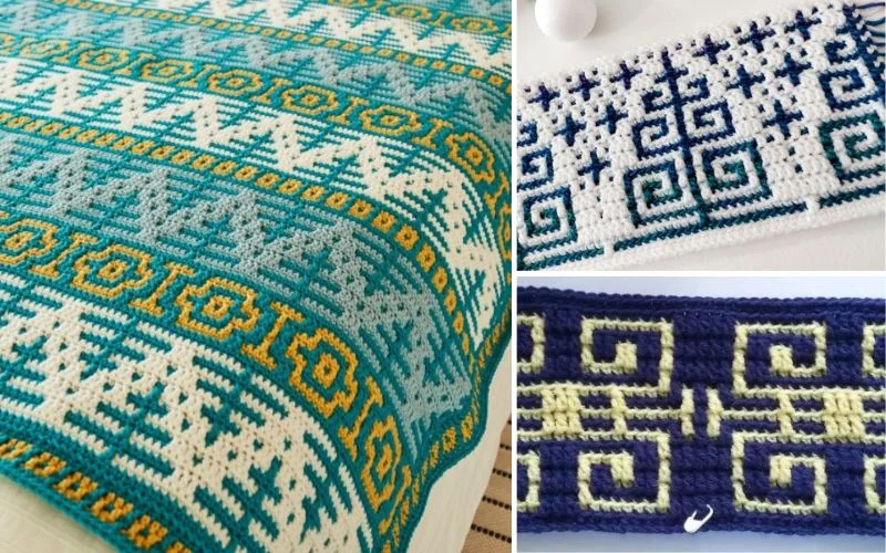 A collage of three crocheted patterns: a teal, yellow, and white blanket; a white and blue geometric design; and a navy and yellow motif, showcasing intricate mosaic crochet stitchwork.