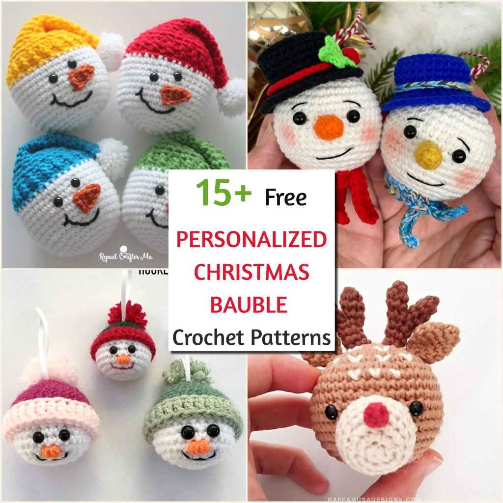 A collage of crocheted Christmas ornaments, including snowmen, a reindeer, and personalized baubles, surrounds a sign reading "15+ Free Personalized Christmas Bauble Crochet Patterns.