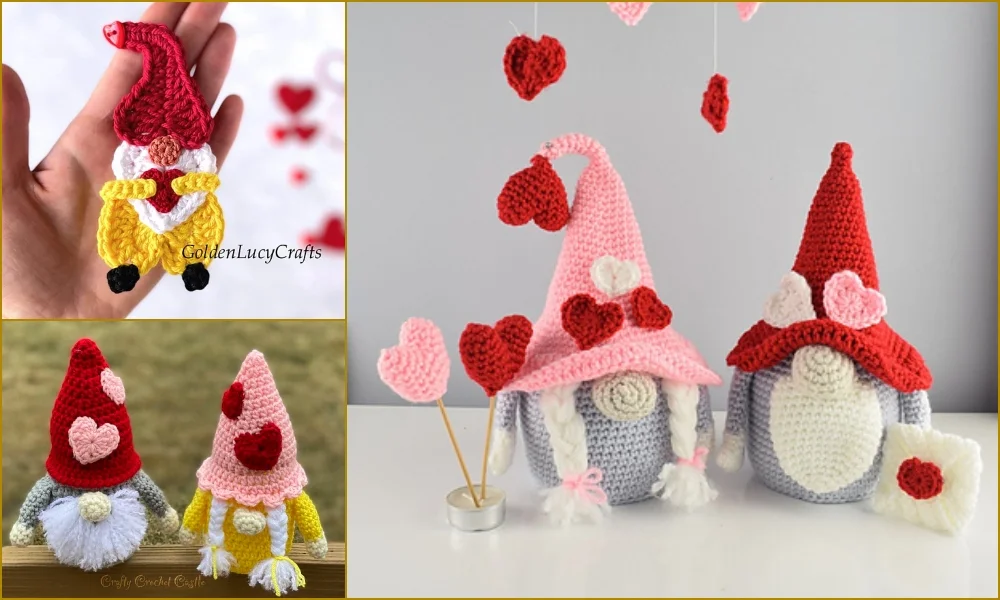 Crocheted Valentine’s Day gnomes adorned with heart decorations in various colors and sizes, including hanging ornaments and plush figurines.