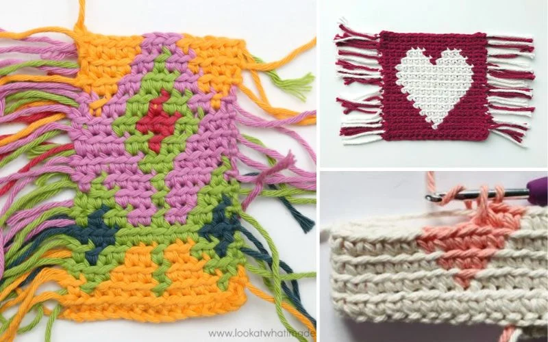 Three crochet swatches: a tapestry crochet pattern bursting with color and fringe, a red swatch adorned with a white heart, and a beige swatch featuring a delicate pink design.