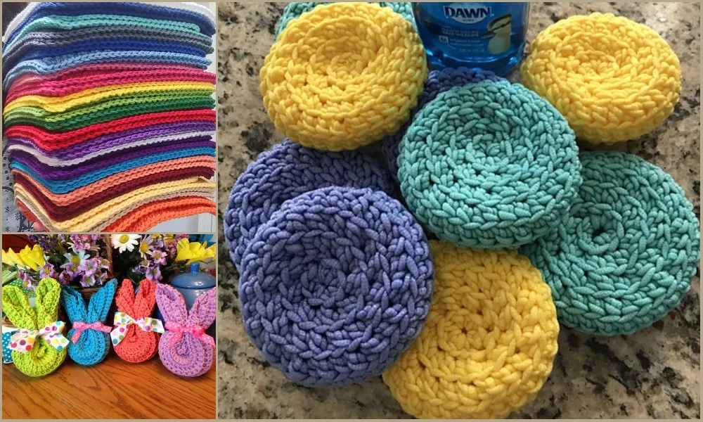 A variety of colorful crocheted dishcloths and scrubbies, perfect cleaning accessories, are displayed on a table.