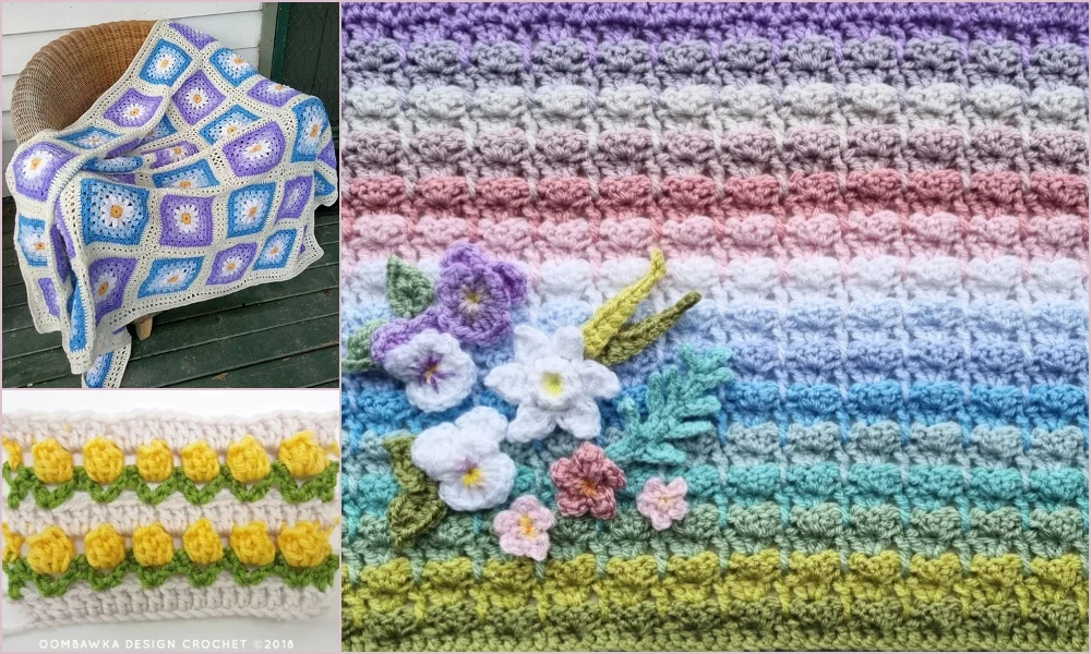 Three crochet patterns: a purple and white granny square blanket on a chair, a floral pattern on a colorful striped spring blanket, and a yellow flower motif on a white background.