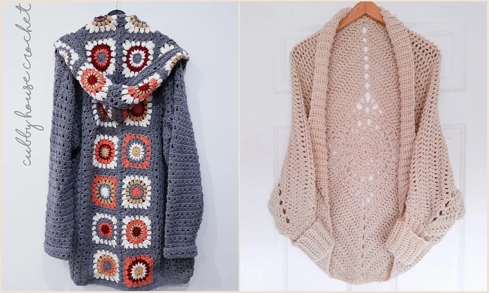 Two crocheted cardigans hang on display, perfect as lightweight options for summer. The left one is gray with a colorful square pattern on the back, while the right is beige featuring a circular design.