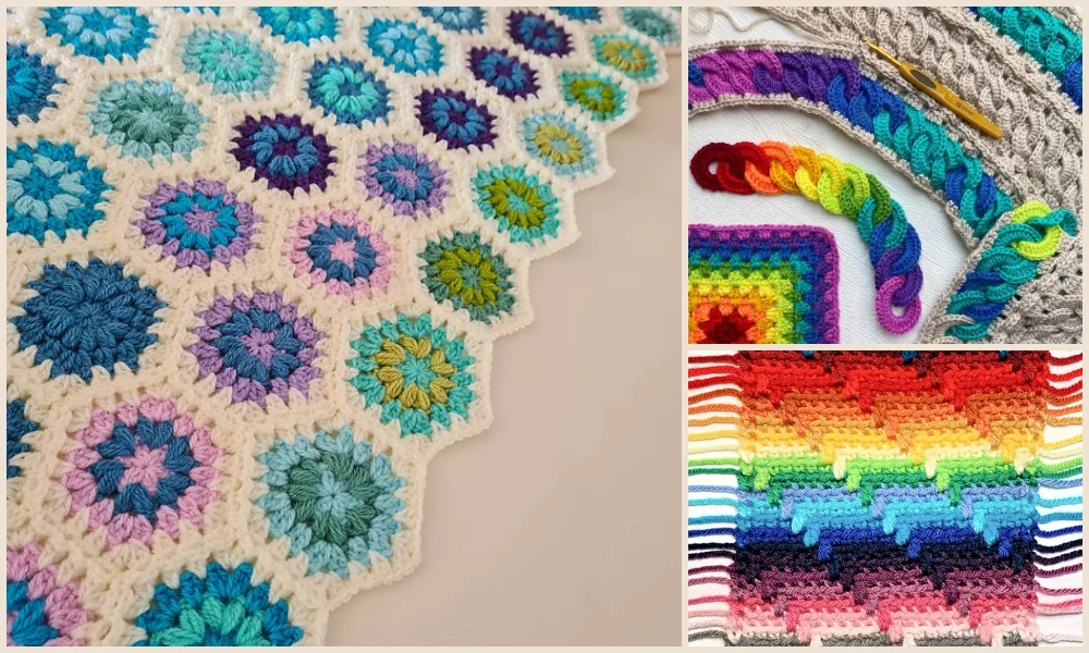 A crochet collage features colorful hexagons in a rainbow pattern, enhanced by fringes and multicolored rope designs, resembling the warmth and variety of a temperature blanket.