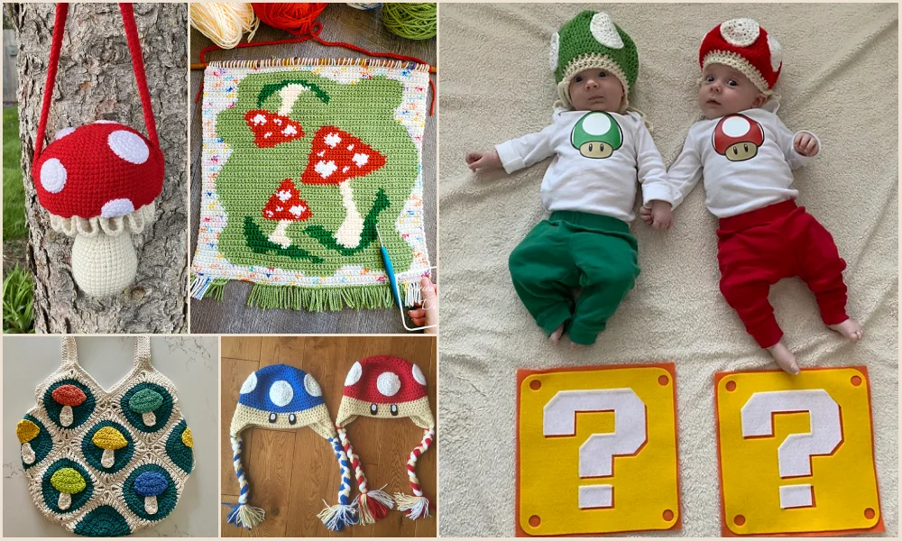 Collage of crocheted items: a whimsical mushroom bag, Mario-themed blanket, adorable babies in mushroom hats and costumes, stylish crocheted bags, and playful question block crochet squares.