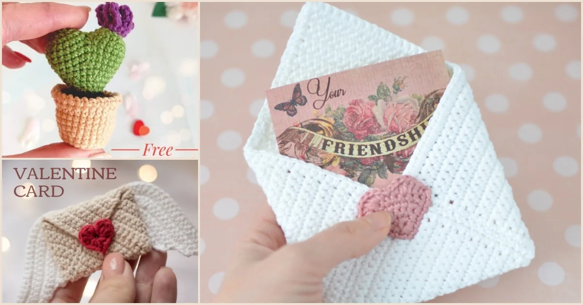 Discover tiny crochet ideas with charming creations: a crocheted cactus in a pot, a white envelope adorned with a pink heart seal, and an endearing card inside that reads "Your Friendship.