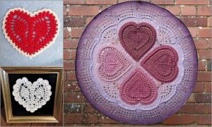 Explore heart ideas with crochet patterns in three designs: a red heart, a framed white heart, and a large circular piece featuring interlocking purple and pink hearts, all set against a rustic brick wall background.