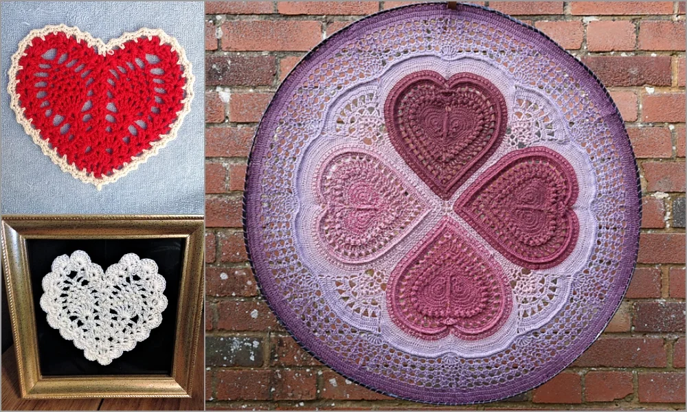 Explore heart ideas with crochet patterns in three designs: a red heart, a framed white heart, and a large circular piece featuring interlocking purple and pink hearts, all set against a rustic brick wall background.