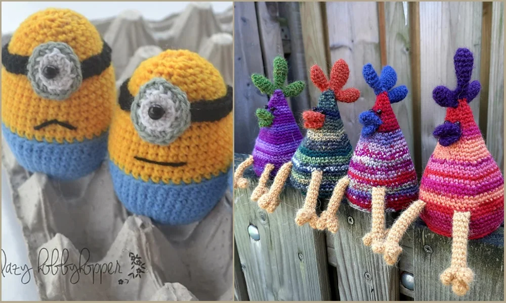 Crocheted minions and chickens in different colors.