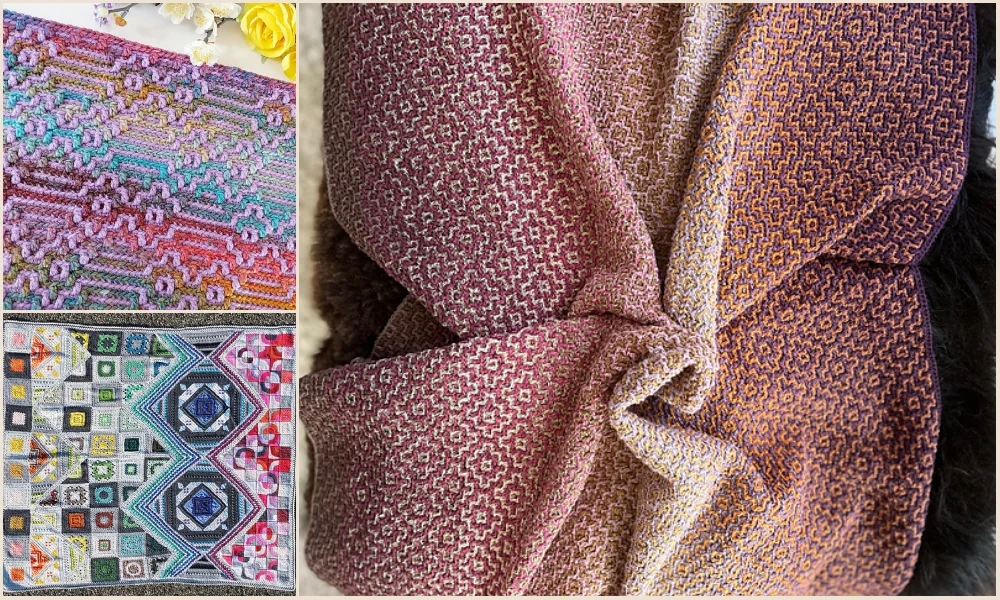 Three intricate crochet patterns: a colorful geometric design, a complex mosaic blanket, and a textured pink-brown draped fabric.