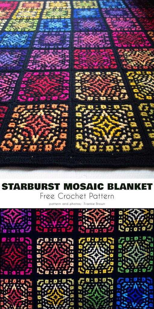 Colorful crochet mosaic blanket made of square patterns in a gradient of rainbow hues on a black background; labeled โStarburst Mosaic Blanket.โ.