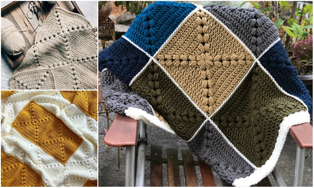 Collage of crochet projects: a beige top with yarn, a mustard and cream blanket, and a multicolored granny square afghan on a chair, adding a cozy farmhouse charm.