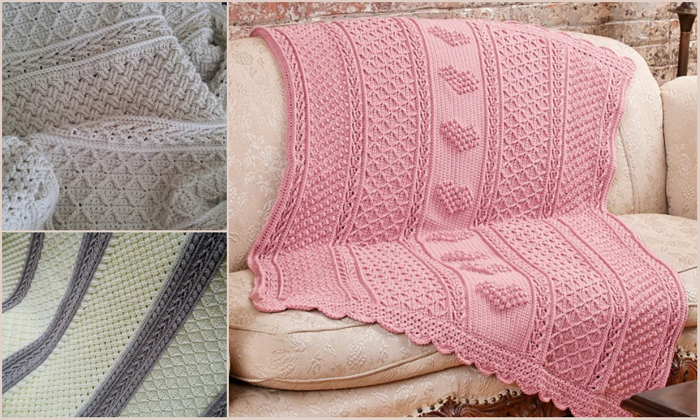 A pink textured knit blanket draped over a sofa, resembling an aran throw. Inset images reveal close-ups of textured gray and gray-green knit fabrics.