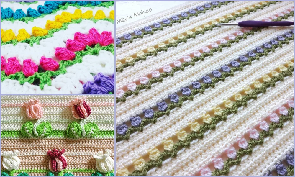 Crochet blanket with colorful flower patterns using the tulip stitch. Close-up shows details in pink, green, yellow, and purple yarn. A crochet hook is partially visible.