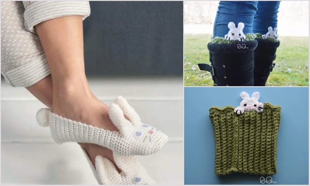 Crocheted bunny slippers and boot toppers, perfect as Easter footwear, featuring a pair of white bunny ears, displayed in different settings.