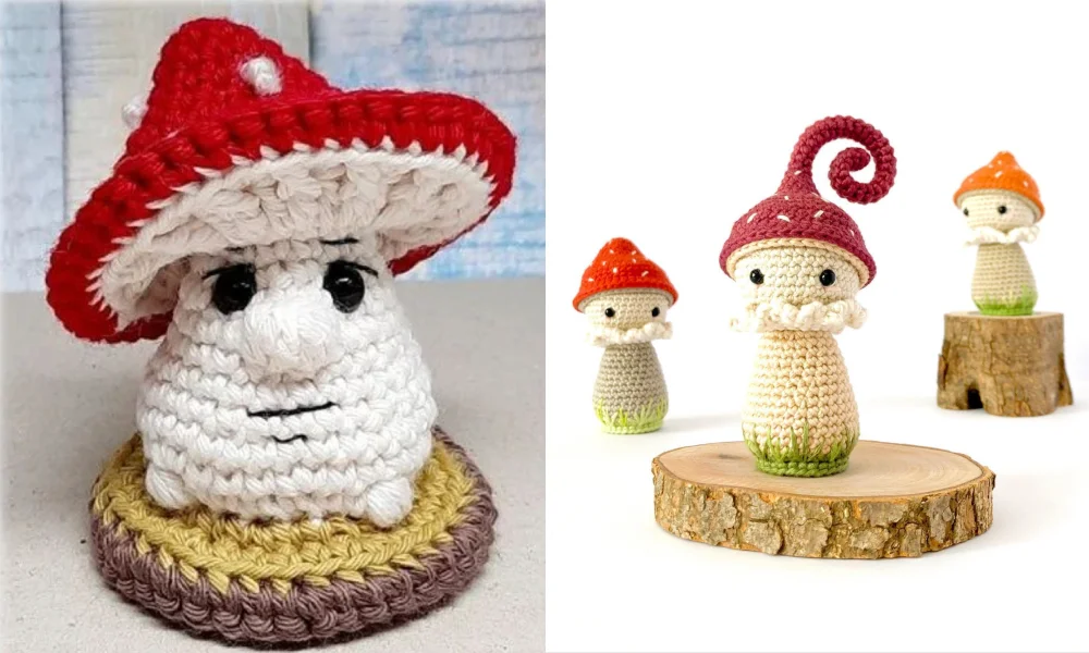 Crocheted mushroom figures: one standalone with a red cap, and a trio featuring two orange caps and one red, each adorned with a white frill. These charming pieces, reminiscent of fairy houses, are artfully posed on wood slices.