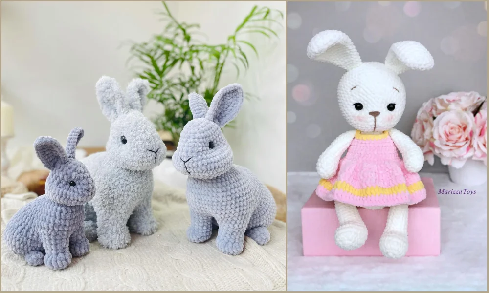 Two images: Left shows three plush bunny toys in gray and white. Right features a white plush bunny wearing a pink dress, seated on a pink box.