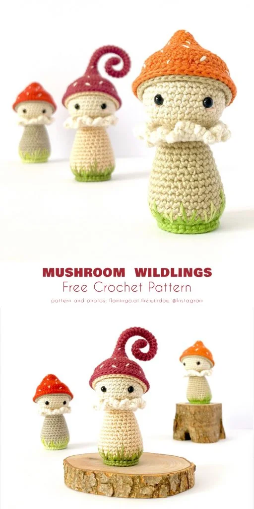 Crocheted mushroom figures with smiling faces and colorful hats, resembling a whimsical fairy house village, displayed on a white background. Text reads: "Mushroom Wildlings Free Crochet Pattern.