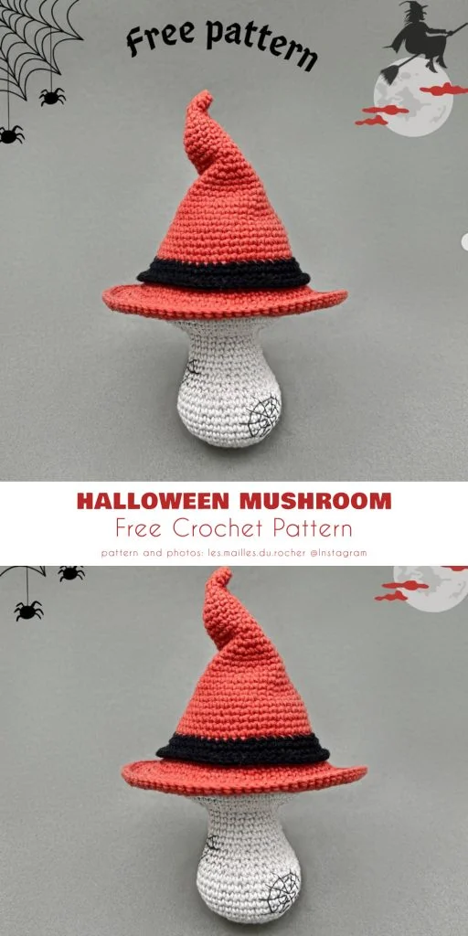 Crochet a whimsical Halloween mushroom with a red and black witch hat. Text reads "Free Pattern" and "HALLOWEEN MUSHROOM Free Crochet Pattern." The enchanting background, adorned with spider and witch motifs, could easily double as a fairy house landscape.