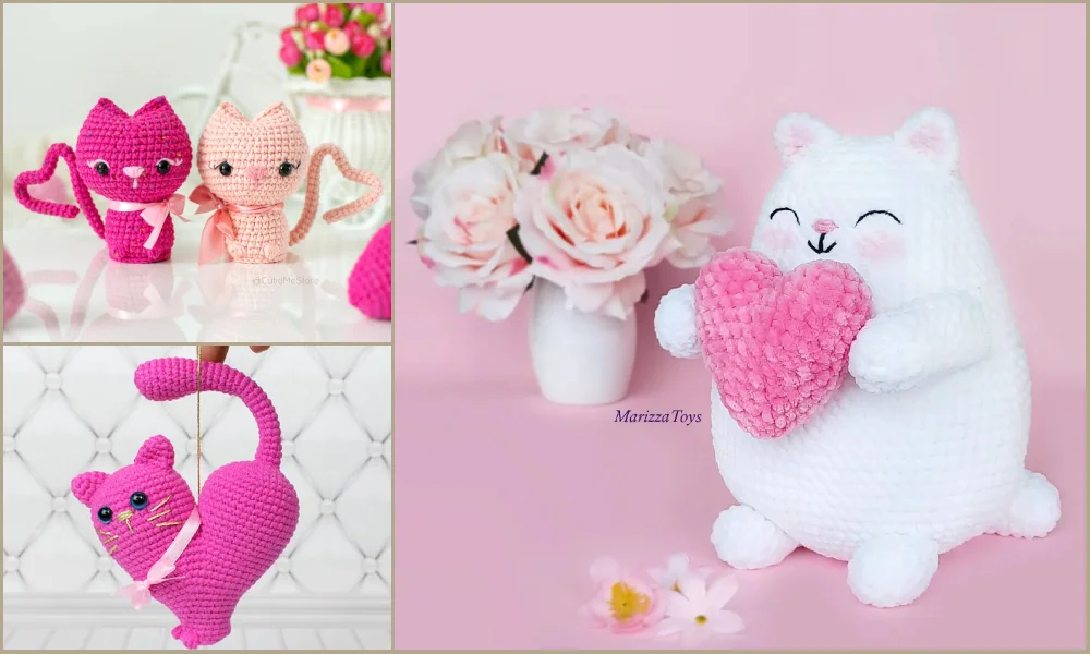 Three amigurumi kittens: two pink holding hearts, one white holding a pink heart, and a playful pink cat with a raised tail. A backdrop of delicate flowers completes this charming scene.