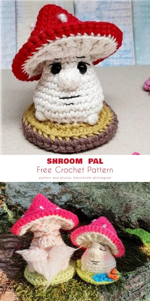 Crocheted mushrooms with red caps and white spots, one with a face, appear whimsically on textured surfaces, reminiscent of a fairy house in an enchanted forest.