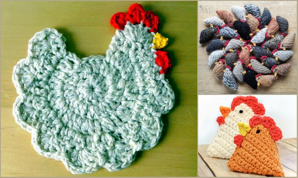 Crochet creations featuring a simple chicken dishcloth, multiple small multicolored hens, and two rooster-shaped toys.