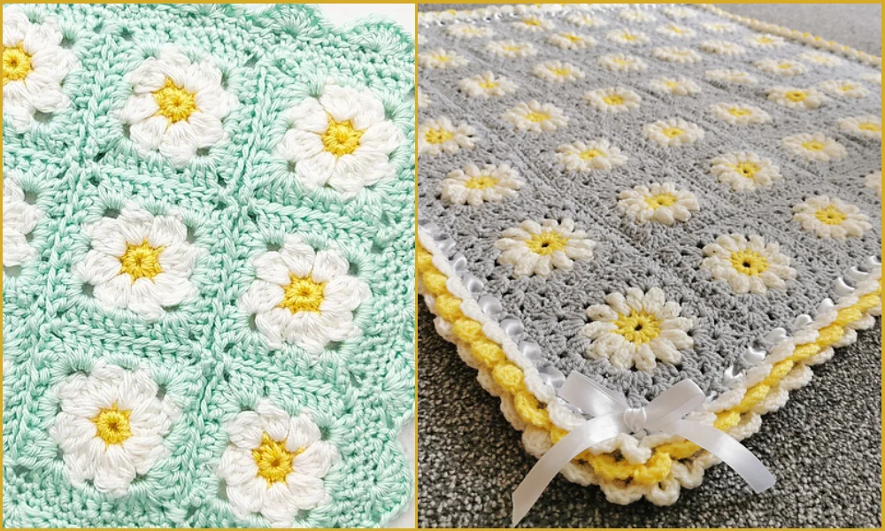 Two crocheted daisy square blankets with flower patterns: one in teal and white, and the other in gray and yellow, featuring decorative edges.