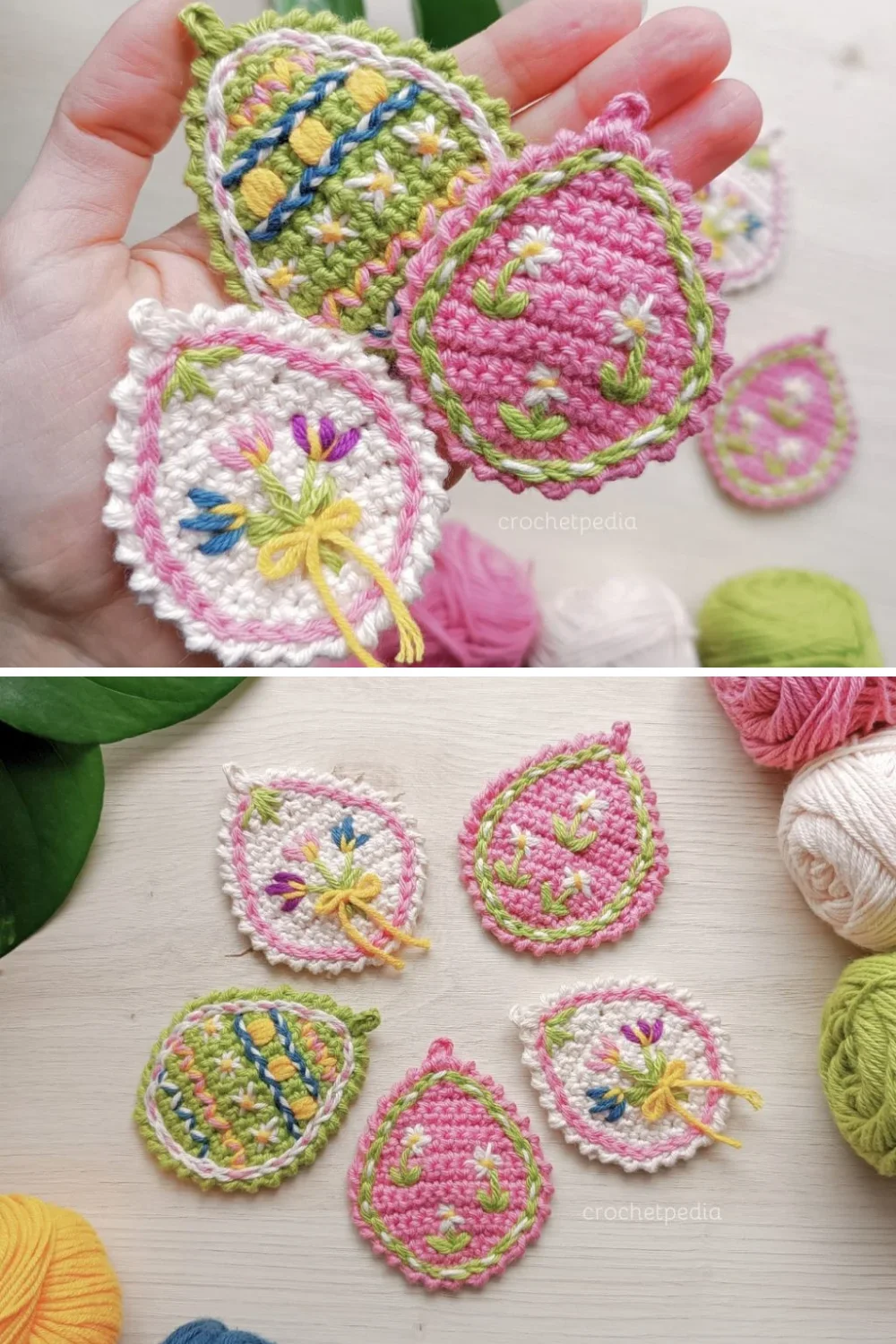 flat crochet Easter eggs in different colors with embroidered flowers