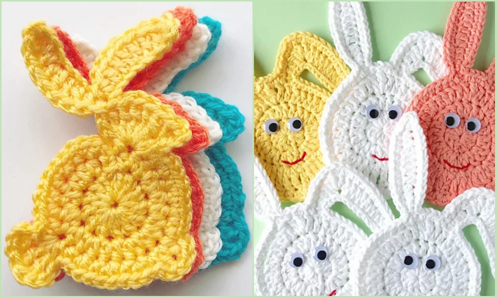 These crocheted rabbit-shaped coasters, crafted as a delightful 2D Easter project, come in vibrant shades of yellow, blue, white, and pink. They're thoughtfully arranged in a charming pile and displayed flat for an inviting look.