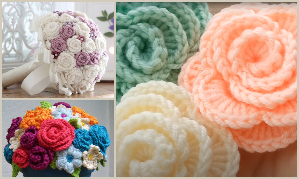 A collage of crocheted flower arrangements features a bouquet of white and purple roses, multicolored blooms in a pot, and close-ups of pastel-colored roses, offering delightful rose ideas for any decor.