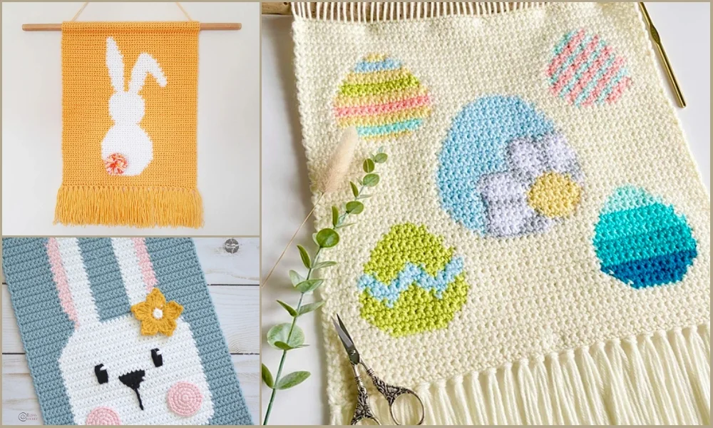 A charming collection of three Easter wall hangings, showcasing a bunny silhouette, a bunny face with a flower, and vibrant Easter eggs.