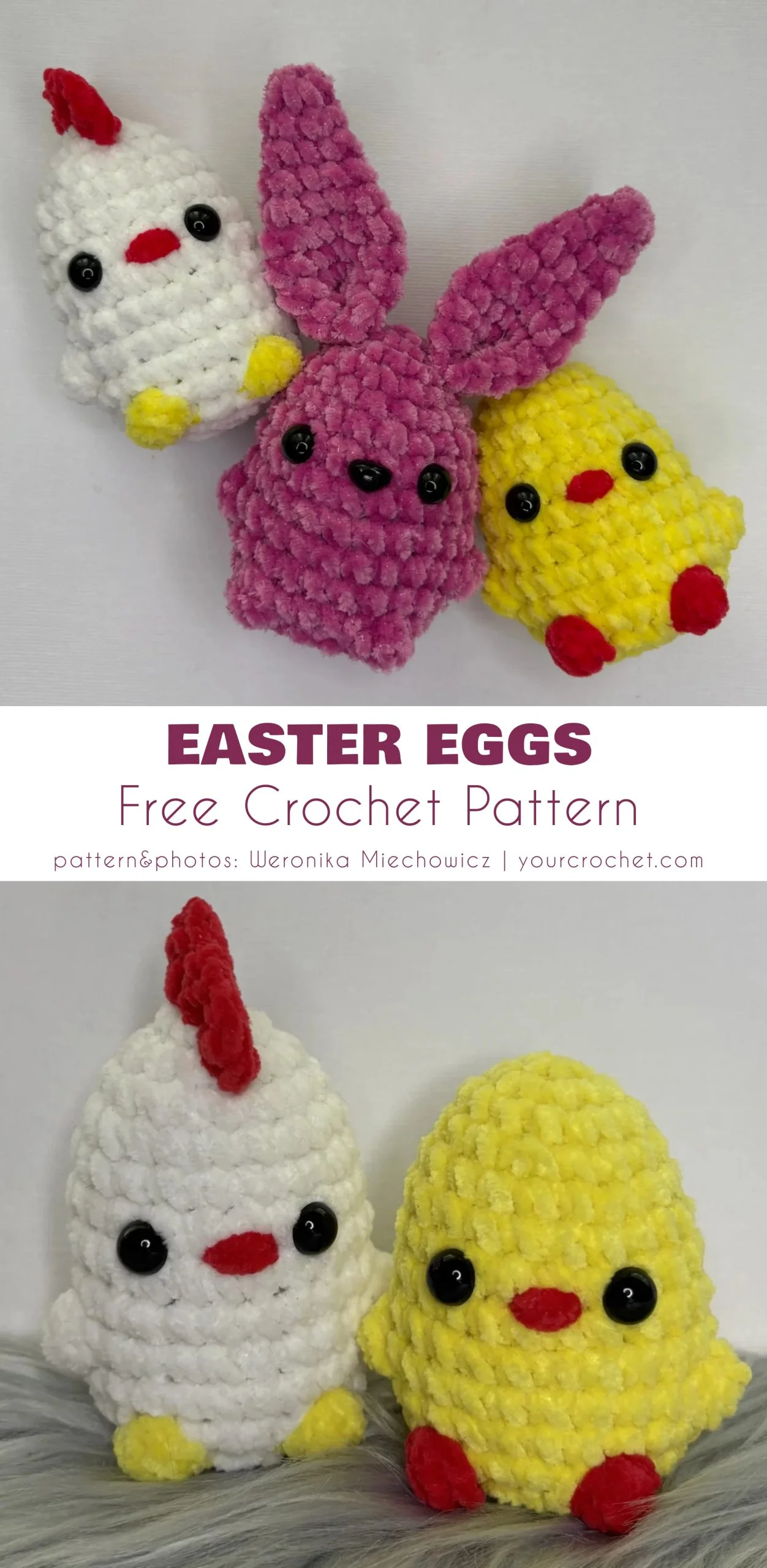 Three plush crochet animals—a white chicken, a purple bunny, and a yellow chick—are displayed above text featuring Easter egg free patterns perfect for your next festive project.