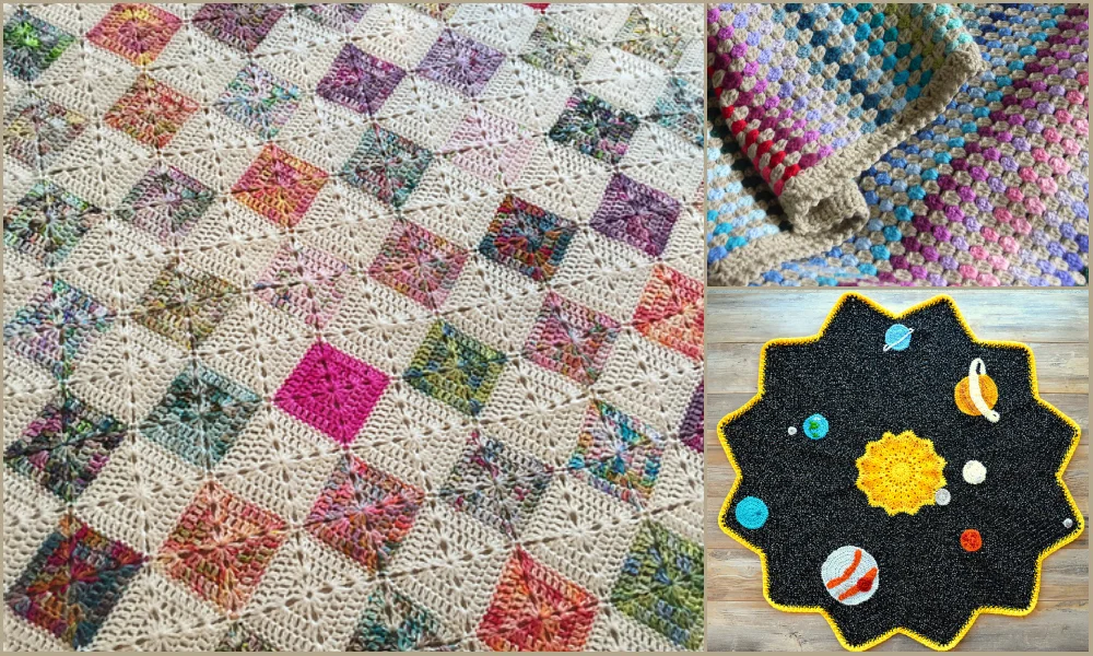 A collage of favorite blankets: a multicolored square pattern, a checkered blanket with a blue border, and a solar system-themed round rug adorned with planets and a sun.