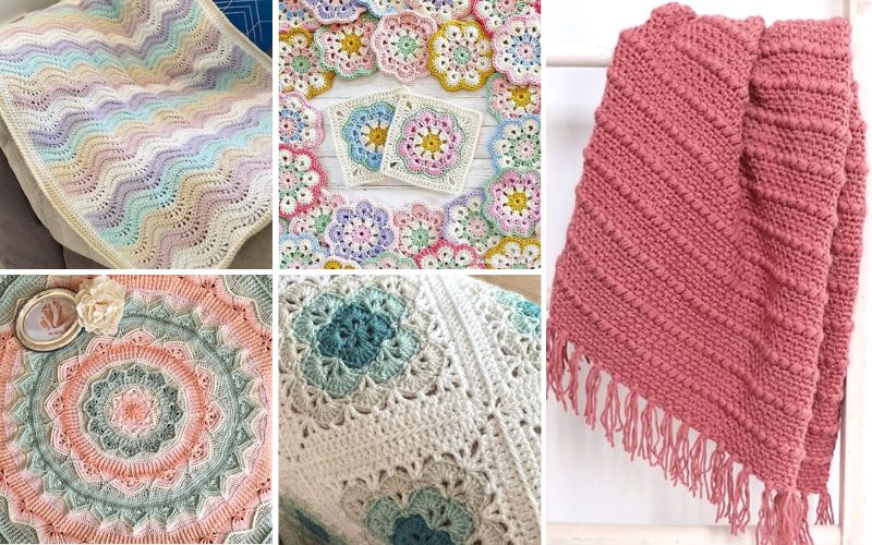 Collage of crochet projects showcasing vibrant creativity: pastel ripple blanket, floral motifs, pink fringed scarf, a circular mandala wonder, and a textured square in blue and green hues—all echoing unique crochet blanket patterns.