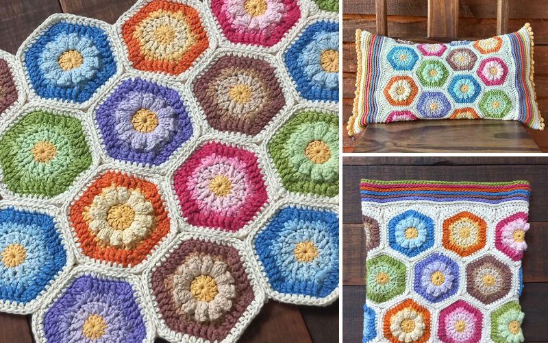 Crochet designs featuring colorful hexagonal patterns include a circular mat, a rectangular pillow, and a charming crochet cushion.